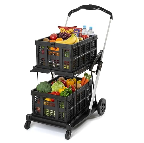 Collapsible Shopping Cart on Wheels, Folding Shopping Cart with 360° Swivel Wheels, Multi Use Utility Carts Adjustable Portable Trolley with 2 Storage Crate, Used for Picnic, Supermarket, Black