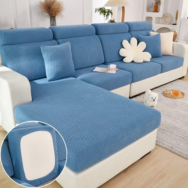 Stretch Sofa Covers for 3 Cushion Couch,Universal Wear Resistant Slipcover with Elastic Bottom,Magic Couch Cover Furniture Protector,Anti-Slip L Shape Sofa Cover,Chaise Cover-Weave-Lake Blue