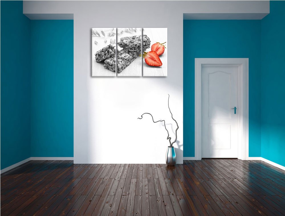 Pixxprint Bio Müsliriegel mit Erdbeere B&W, Leinwandbild 3 Teilig, Gesamtmaß: 120x80cm, Wandbild, Dekoration, fertig gespannt, Kein Poster