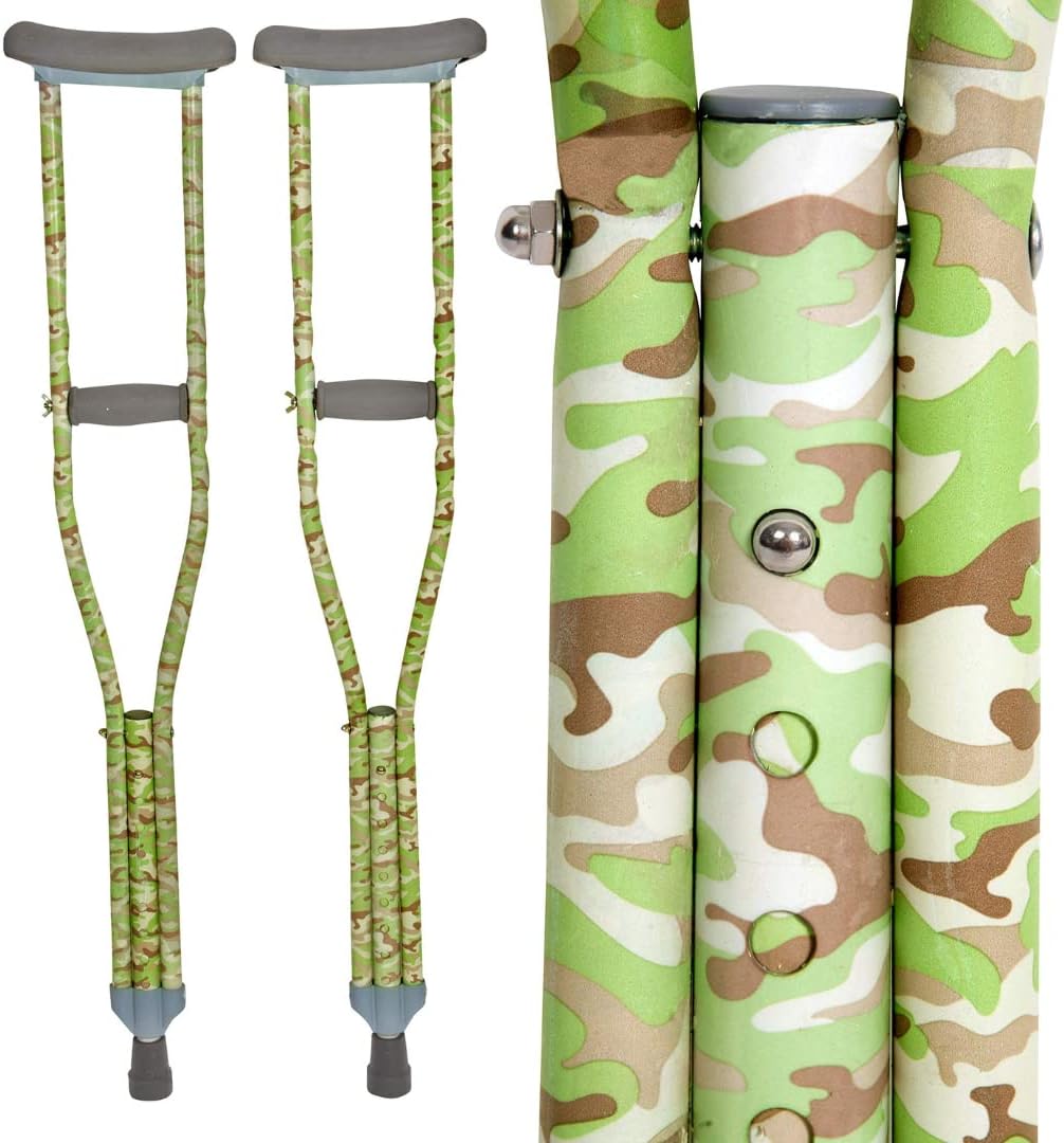 SCS Direct My Crutches - Youth Junior Crutches for Kids w Adjustable Handgrip and Length! for Children 3'9" to 4'5" - Made of Lightweight, Durable Aluminum with Underarm Padding - Green Camo