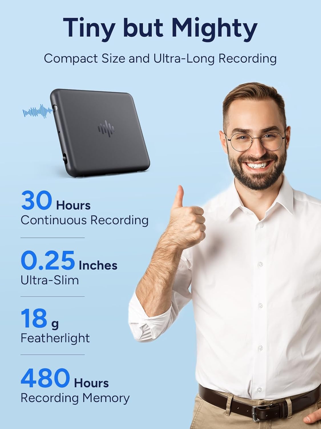 Image showing the IZYREC MR001 recorder next to a person's thumb, with text highlighting its features: 30 Hours Continuous Recording, 0.25 Inches Ultra-Slim, 18g Featherlight, 480 Hours Recording Memory.