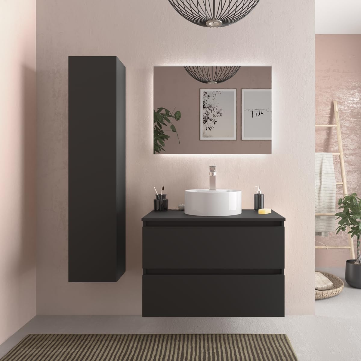 Mueble de baño Bequia 80 cm con Lavabo 100% montado de fábrica | Acabado Negro Mate suspendido 2 cajones Cierre amortiguado Apertura con uñero | Lavabo sobre encimera | Salgar