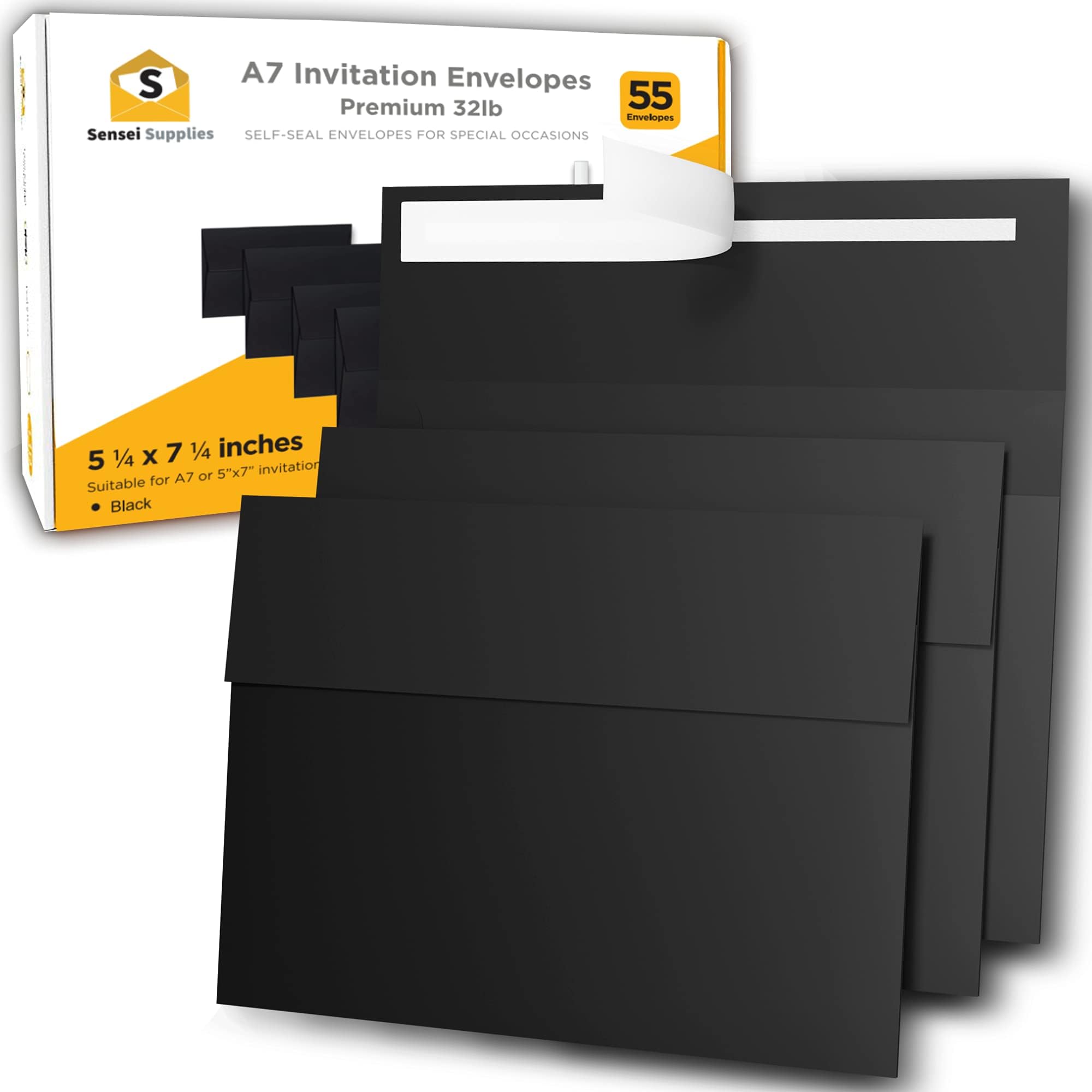 200 5x7 Black Invitation Envelopes - For 5x7 Cards - A7 - (5 ยผ x 7 ยผ inches) - Perfect for Weddings, Graduation, Baby Shower - 120 GSM - Peel, Press & Self Seal - Square Flap