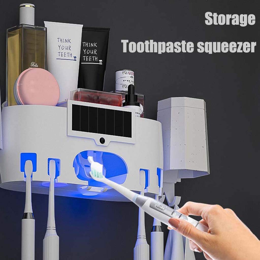 TJH Portacepillos de desinfección UV, Esterilización Inteligente Pasta de Dientes Cepillo de Dientes esterilizador, Set de Enjuague bucal montado en la Pared para 4 baños