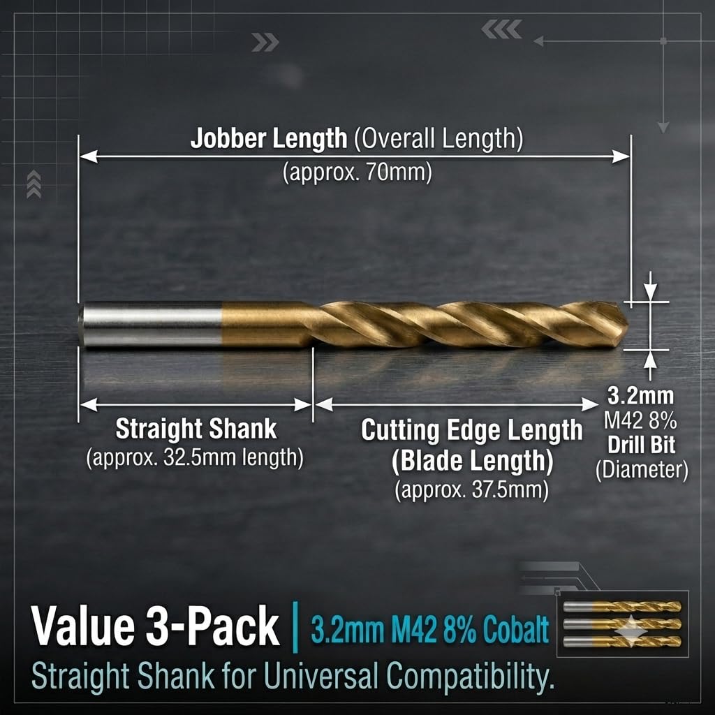 Cobalt Drill Bit, High Speed Steel (HSS) Jobber Length with 135° Split Point (3.2mm Drill Bit Set)