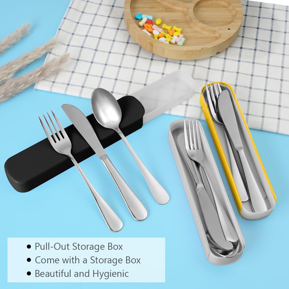 HOTUT 3 Pezzi Posate Da Campeggio Kit con Borsa Portaoggetti, Set di Posate Acciaio Inox, Finitura Lucida Lavabili in Lavastoviglie, Posate Da Viaggio in Argento con Cucchiaio Forchetta Coltello