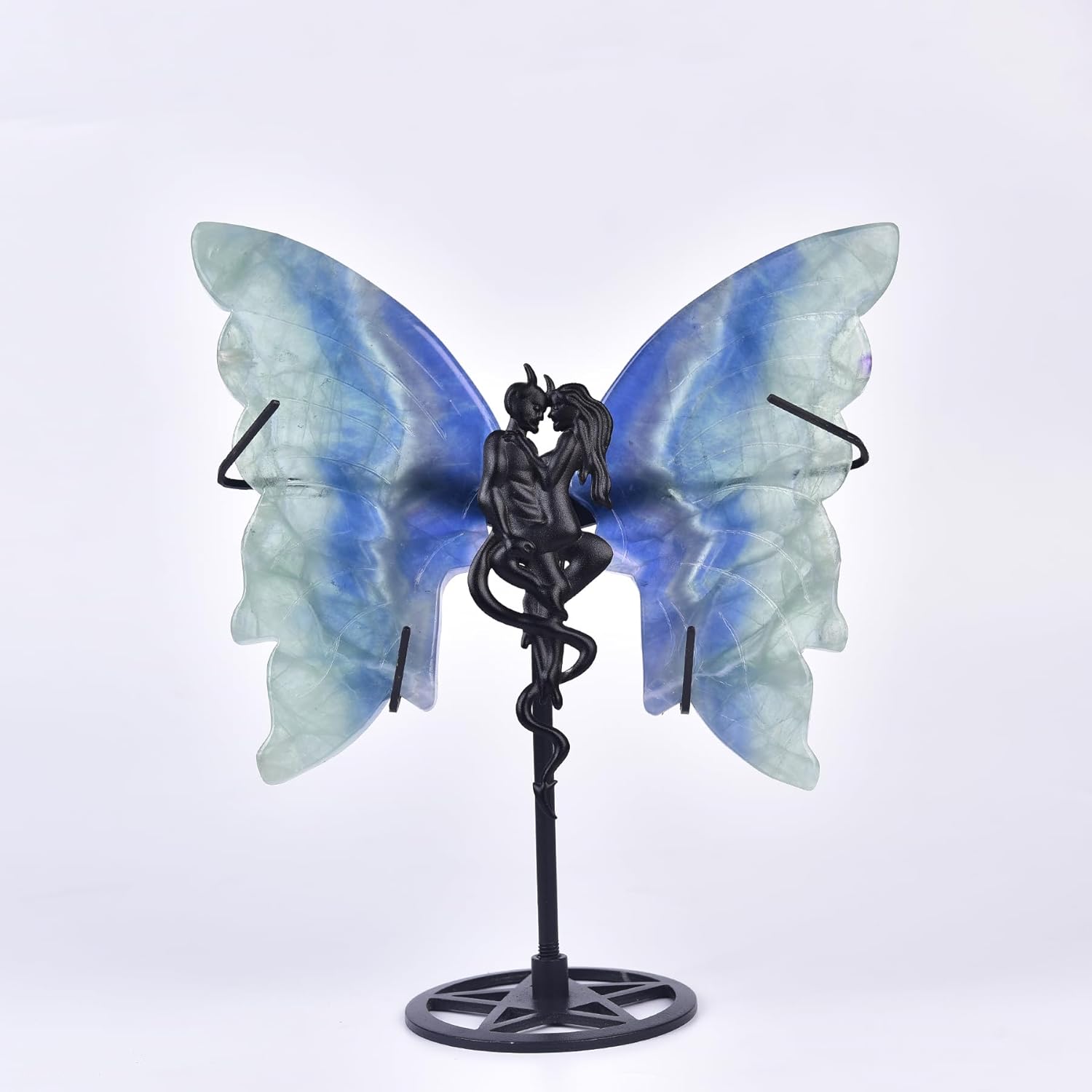 JIC Gem Large Blue Fluorite Crystal Butterfly Wings Art Decor Amazing Blue Gemstone Crystals and Healing Stones Witchcraft Gemstone Decor with Display Stand（1 Pair,17-18cm）