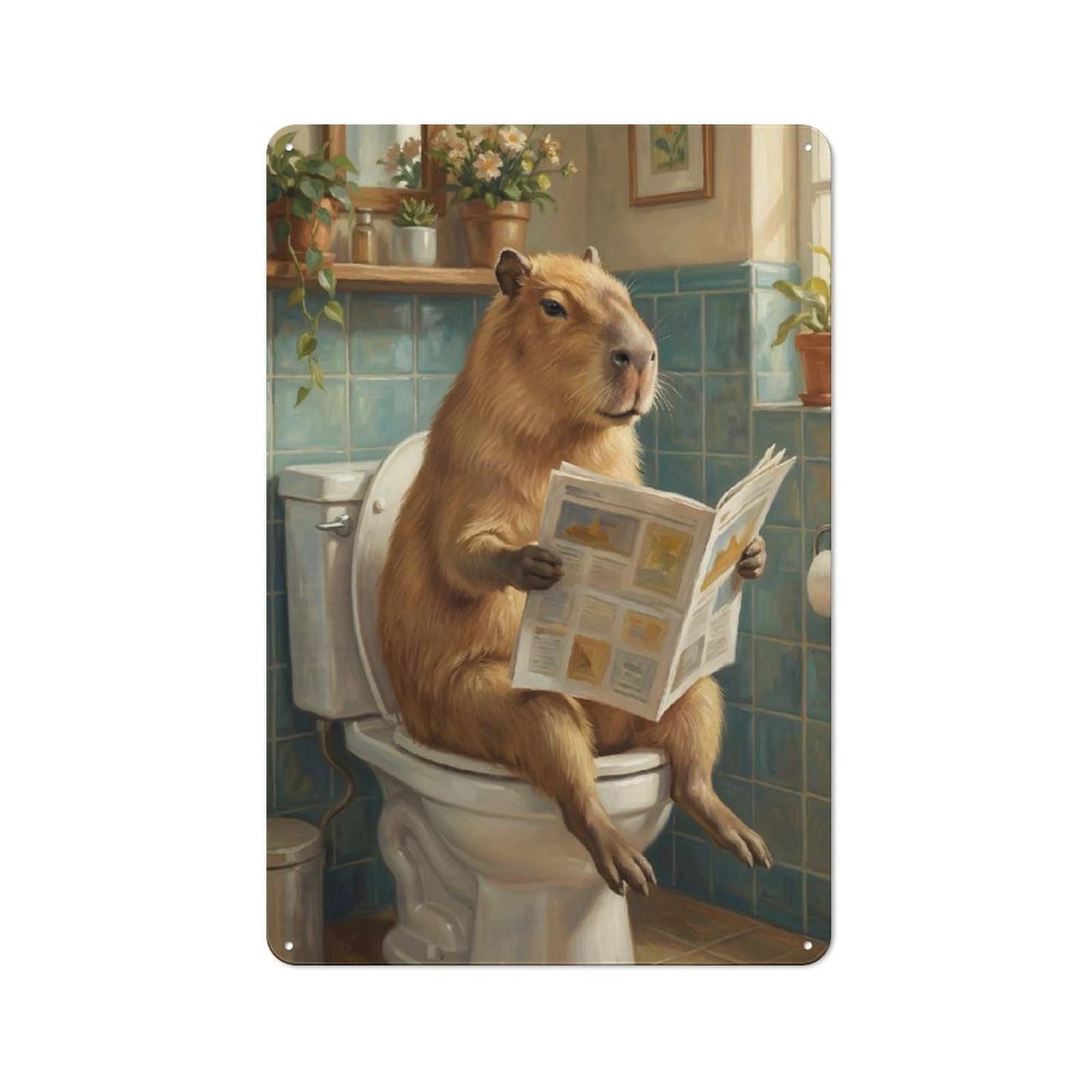 Junmoney Style-7 For Studio Or Craft Room, Capybara Reading Newspaper On Toilet Rustic Tin Wall Plaque 30X20cm, For Vintage Wall Decor Fans, For Metal Sign Collectors