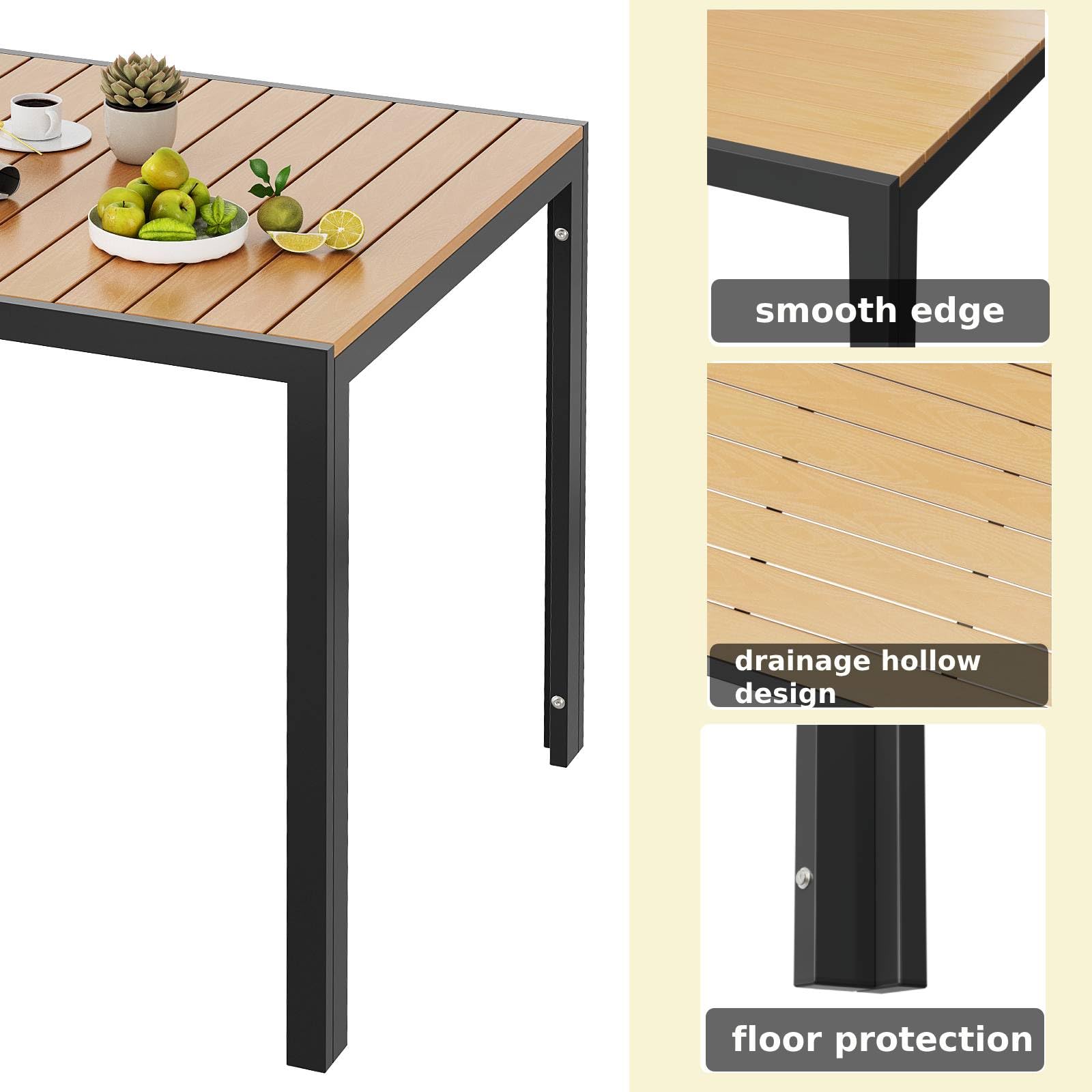 Clevich Tavolo da giardino resistente alle intemperie, 140 x 90 cm, quadrato in alluminio con piano in WPC, tavolo da pranzo da esterno per balcone e terrazza, facile da pulire e durevole, nero+teak