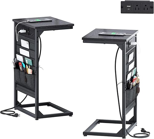 Juego de 2 mesas auxiliares en forma de C, mesa auxiliar pequeña para sofá con estación de carga, mesa de sofá con bolsa de almacenamiento para sala