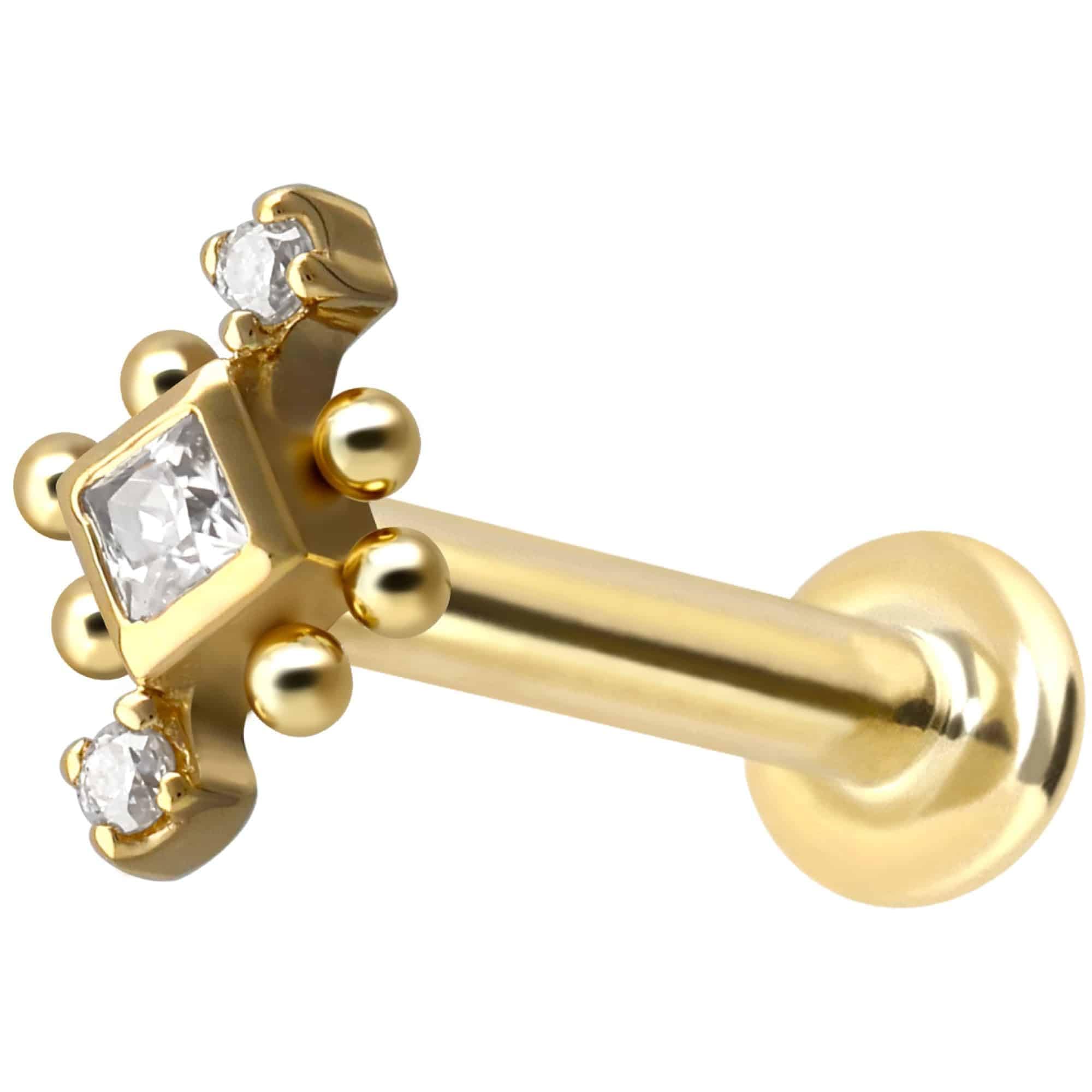 PIERCINGLINE Piercing Stecker 14 Gold Labret mit Push Fit 3 MOISSANITE + KUGELN 585er Gold - Roségoldfarben, Goldfarben, Silberfarben