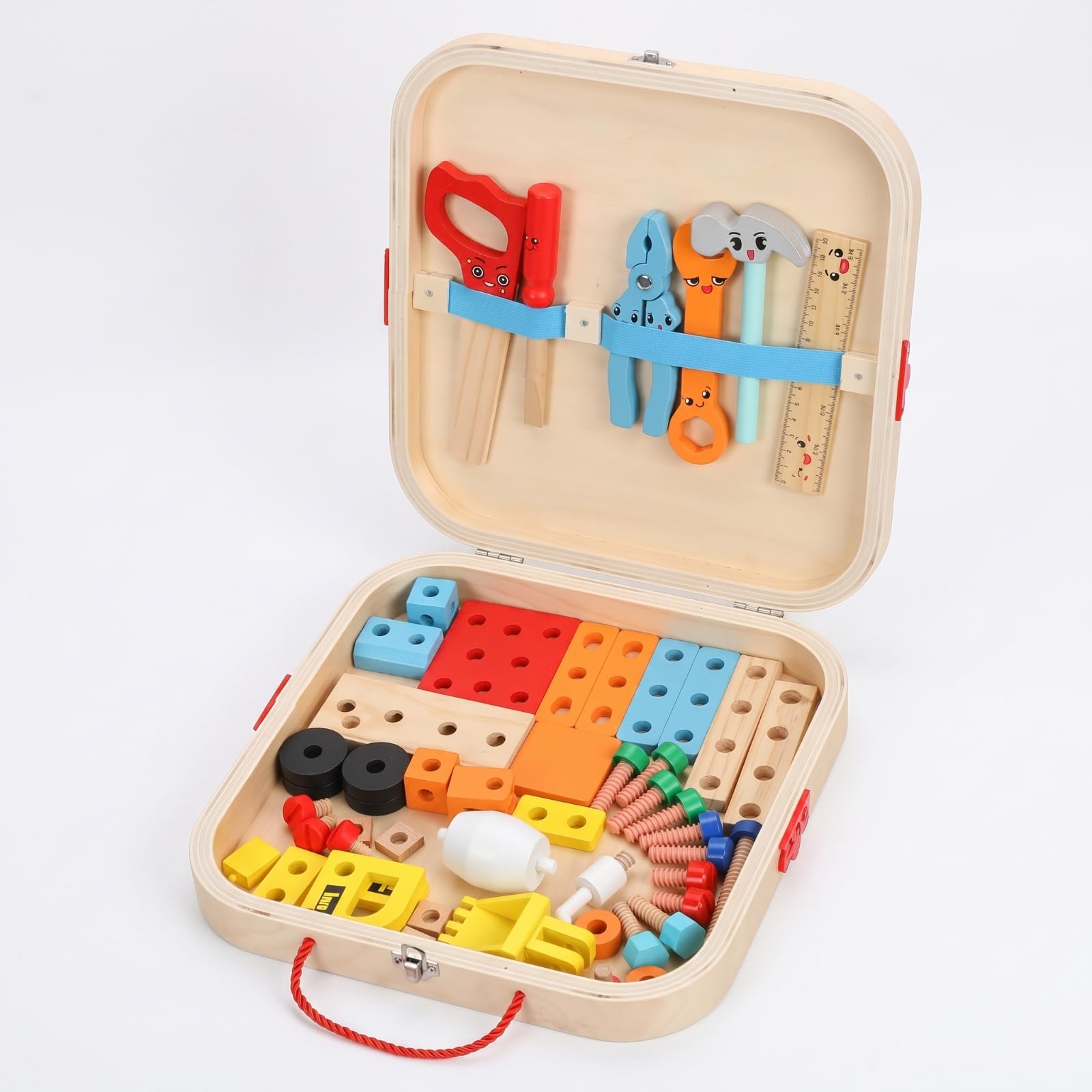 Kinder Werkzeugkoffer Holz Kinder Werkzeug Set Montagekasten Baukasten Lernspielzeug Rollenspiel aus Lackiertem Kiefernholz für Vorschule Spielzimmer Grundschule