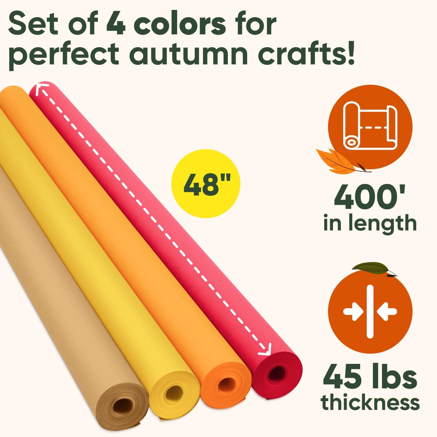 Paclord Lot de rouleaux de papier kraft de 121,9 x 3 048 cm (30,5 m), 20,4 kg – Marron, orange, jaune, rouge – Fabriqué aux États-Unis pour travaux manuels, bricolage, école, emballage cadeau