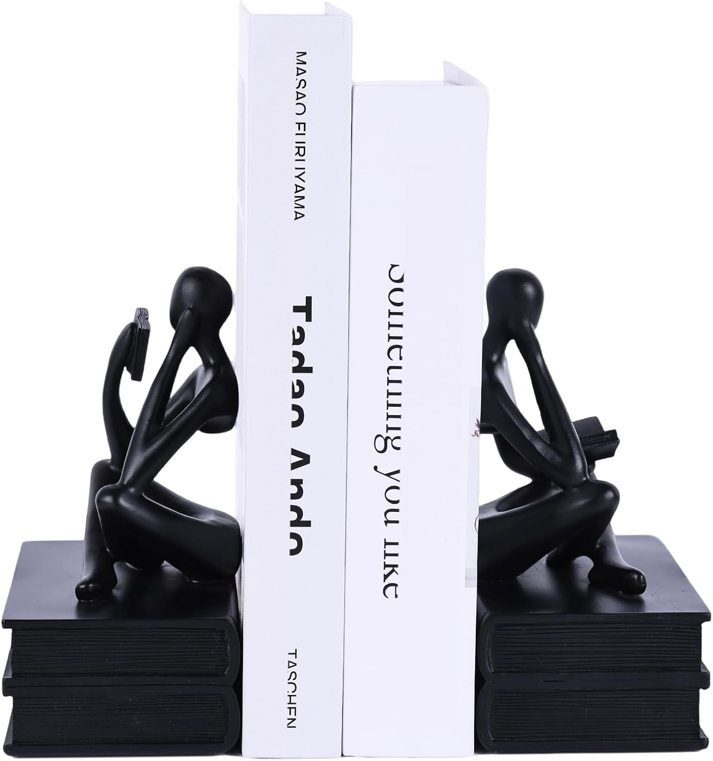 Reading Thinker Statue Book Ends for Shelves, Decorative Bookends for Book Lovers, Unique Book Stopper for Home Office & Bookshelf Decor, Modern Black Aesthetic Desk Accessories (Black)
