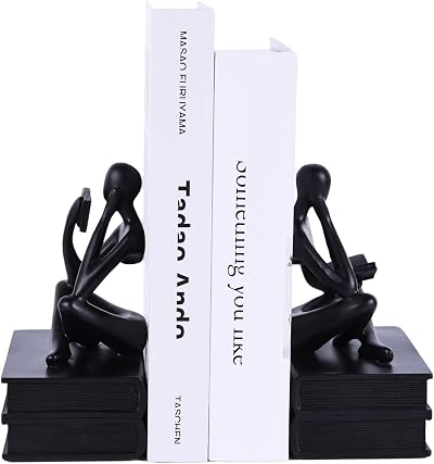 Reading Figurine Bookends, Gifts for Book Lovers, Shelf Decoration for Readers, Graduates, Students & Teachers, Sculpture Home Decoration for Shelf, Desk, Office & Living Room (Black)