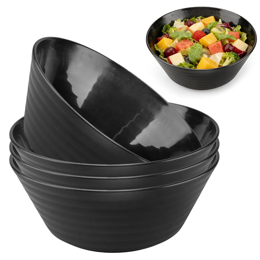 Ciotole Grandi Nere 4 Pezzi 1200ml, 20cm, Infrangibili e Leggere, Senza BPA, Ciotole Multiuso per Insalata Zuppa Cereali Dessert, Adatte a Microonde e Lavastoviglie, Cucina Famiglia Uso Quotidiano