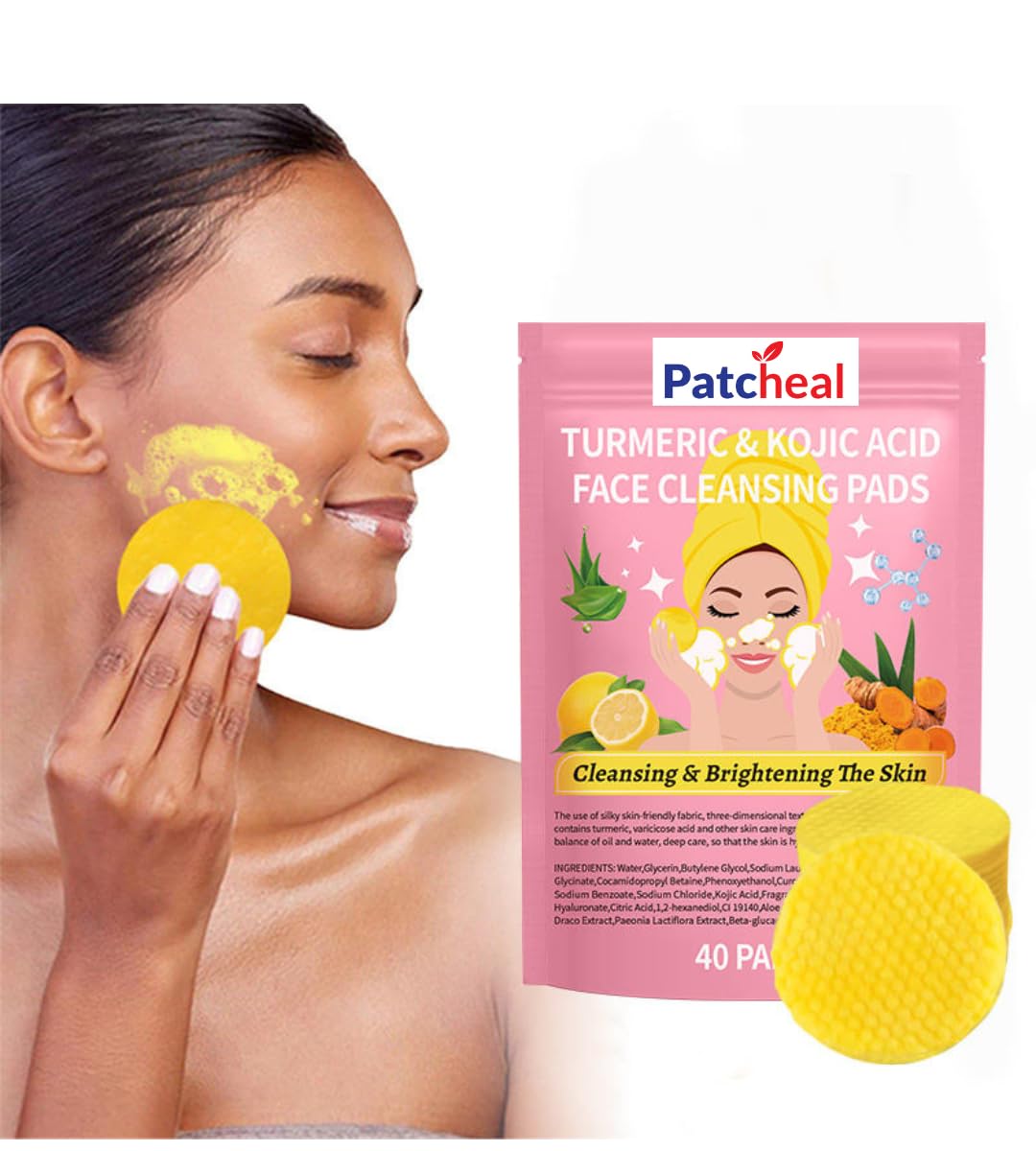 Patcheal® Original Kojic Acid and Turmeric Cleansing Pads for Face, Dark Spots, Kojic and Turmeric Cleansing Pads, Suitable for All Skin Types - 40 pcs