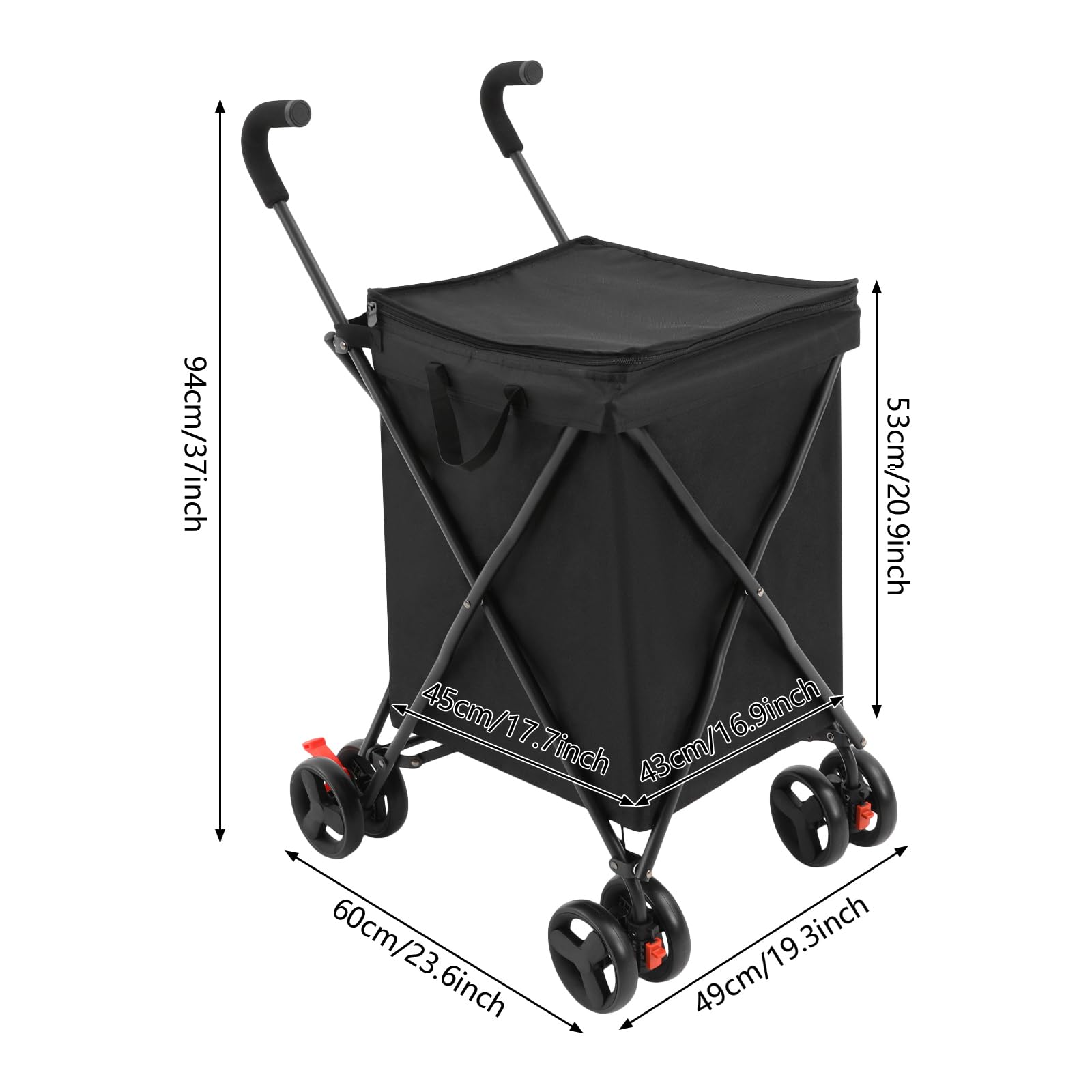 Einkaufstrolley Einkaufswagen Klappbar 70kg Kapazität, Faltbarer Einkaufsroller Handwagen Multifunktional Shoppingtrolley für Wäsche Einkaufen Camping Lebensmittel (Schwarz)