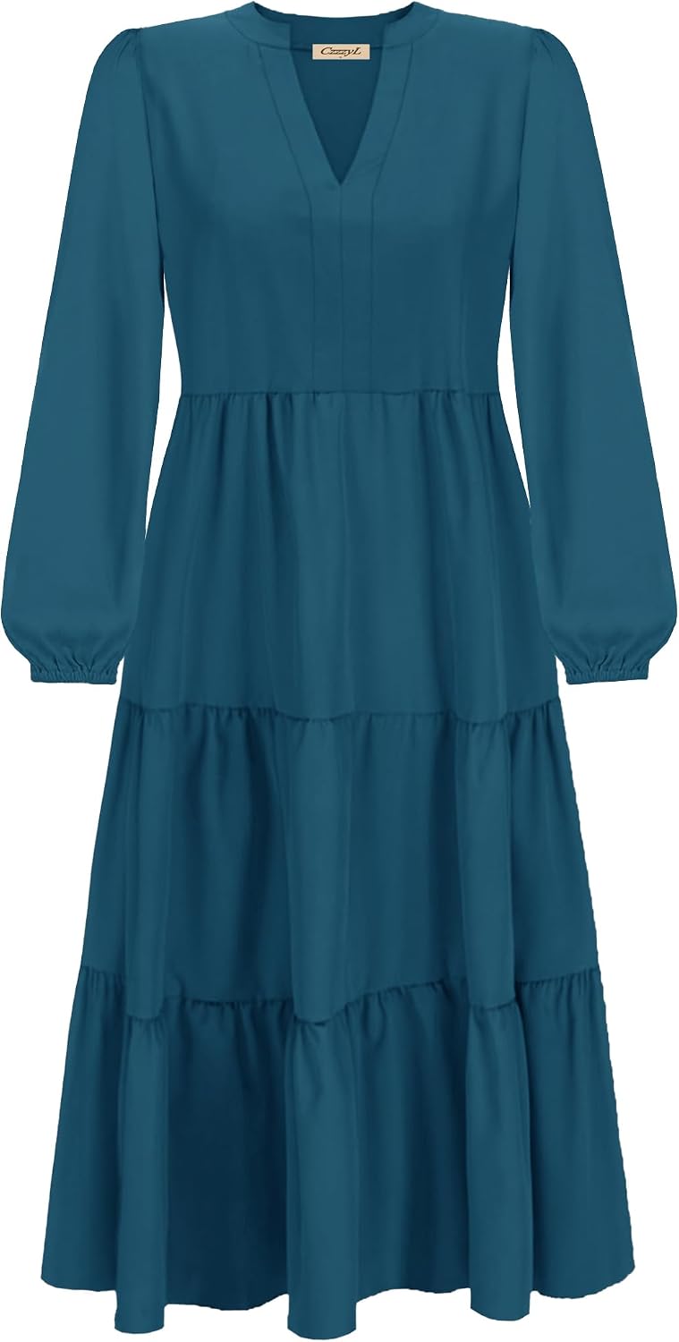 CzzzyL Womens Nursing Midi Dress Breastfeeding Long Sleeve V Neck Fall Fashion Tiered with Pockets