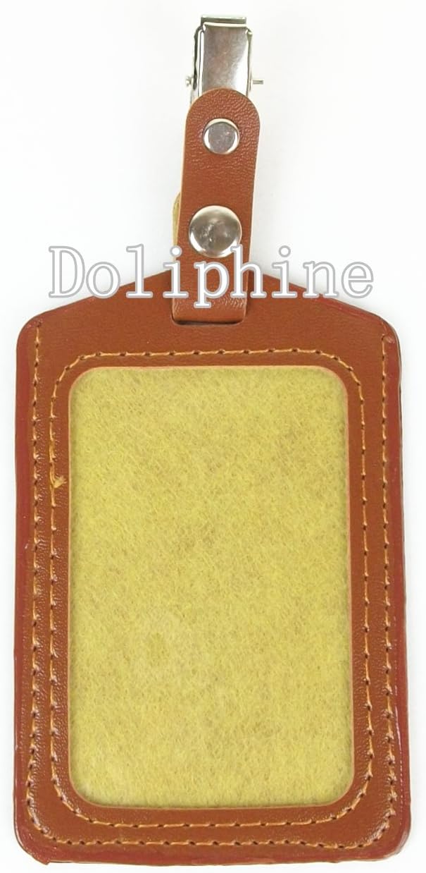 Business Name Tag Leather ID Badge Card Holder with Metal Clip & Snaps (Brown Vertical)