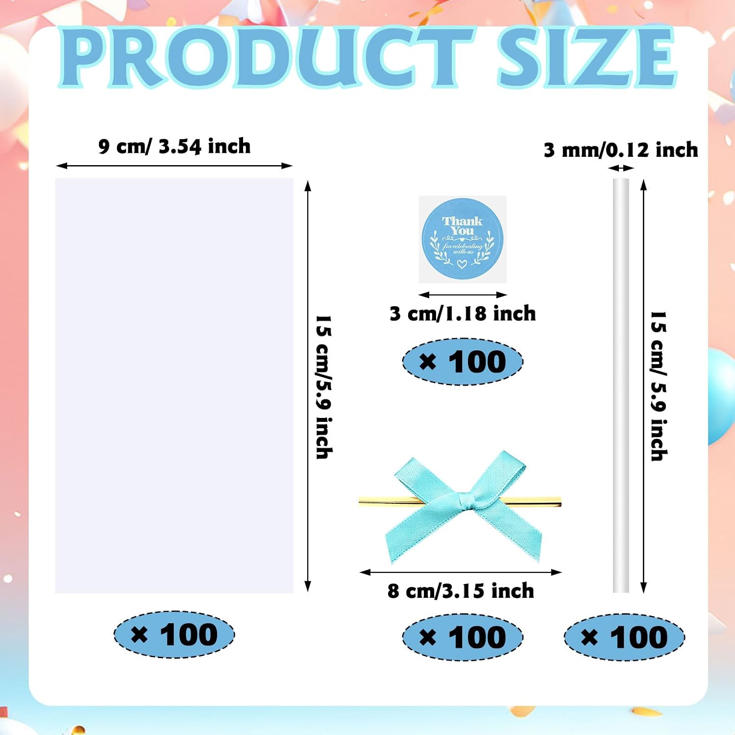 Wavwavw 100 Sets Clear Rice Krispie Treat Bags with Ribbon Bow and Thank You Stickers Clear Flat Cellophane Treat Candy Bags for Rice Krispie Treats Gift Giving Bag (Blue)