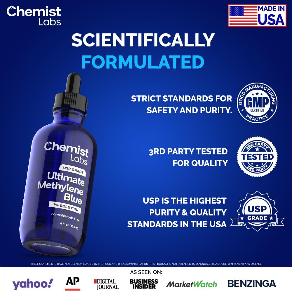 1% Methylene Blue Drops Pharmaceutical Grade 99% Purity USP Grade, Blue Methylene, Cellular & Mitochondrial Support, Third-Party Tested, Made in USA, 4oz - Image 2