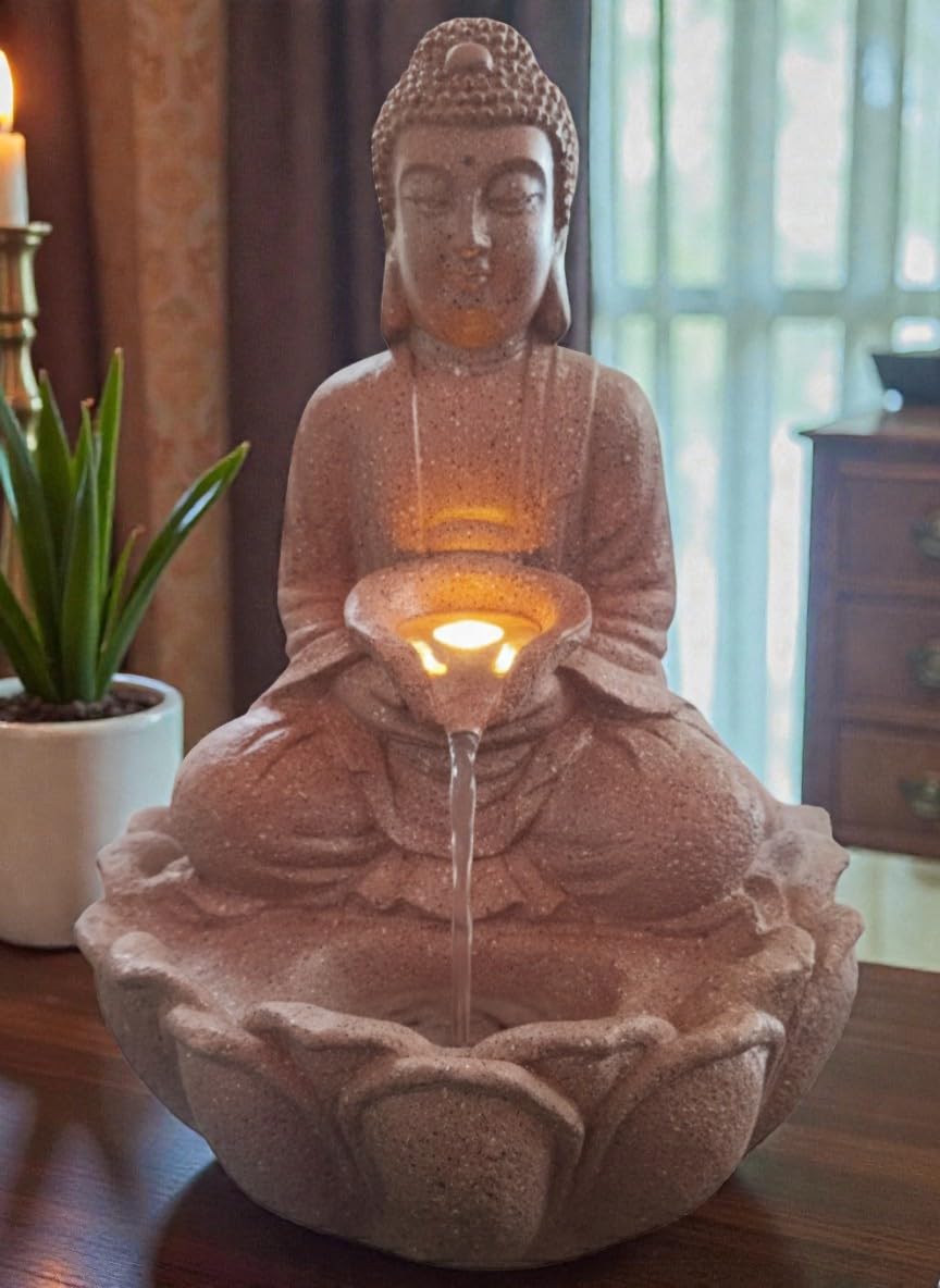 Ani Divine Marble Dust Lotus Buddha LED Fountain | Zen Buddha Tabletop 15 Inch Waterfall Showpiece for Home Decor, Studio, Meditation Place, Office-image-43