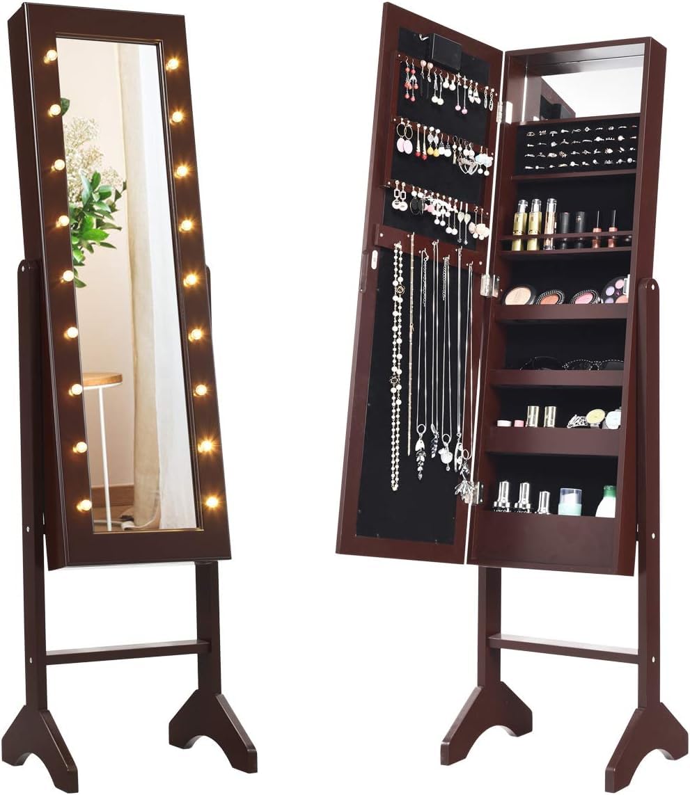 GOPLUS GOPLUS Espejo Joyero de Pie con Luces LED, Armario Joyero con Cerradura, Armario para Joyas con 4 Estantes de Almacenamiento para Cosmético y Espejo de Longitud Completa, 35×32×145 cm, Marrón