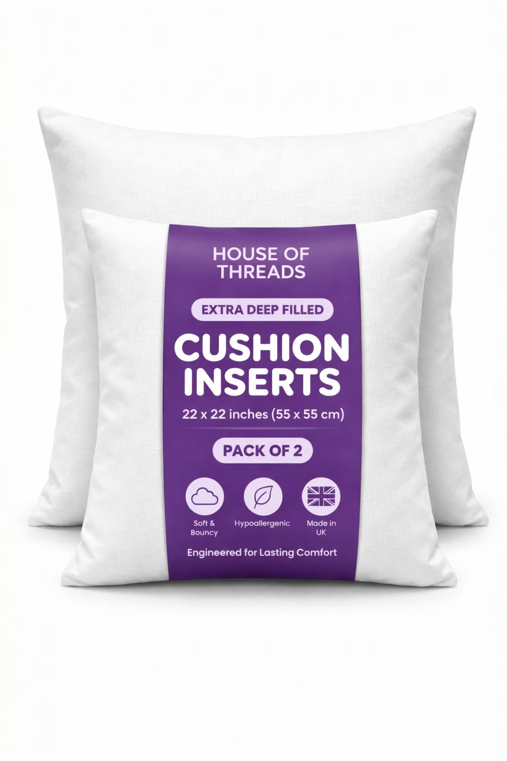 HT House Of Threads Luxury Large 22 x 22 Inch (55 x 55 cm) Cushion Inserts | Extra Deep Filled Hotel Quality Cushion Inserts | Premium Hollowfibre Throw Pillows | 2 Pack