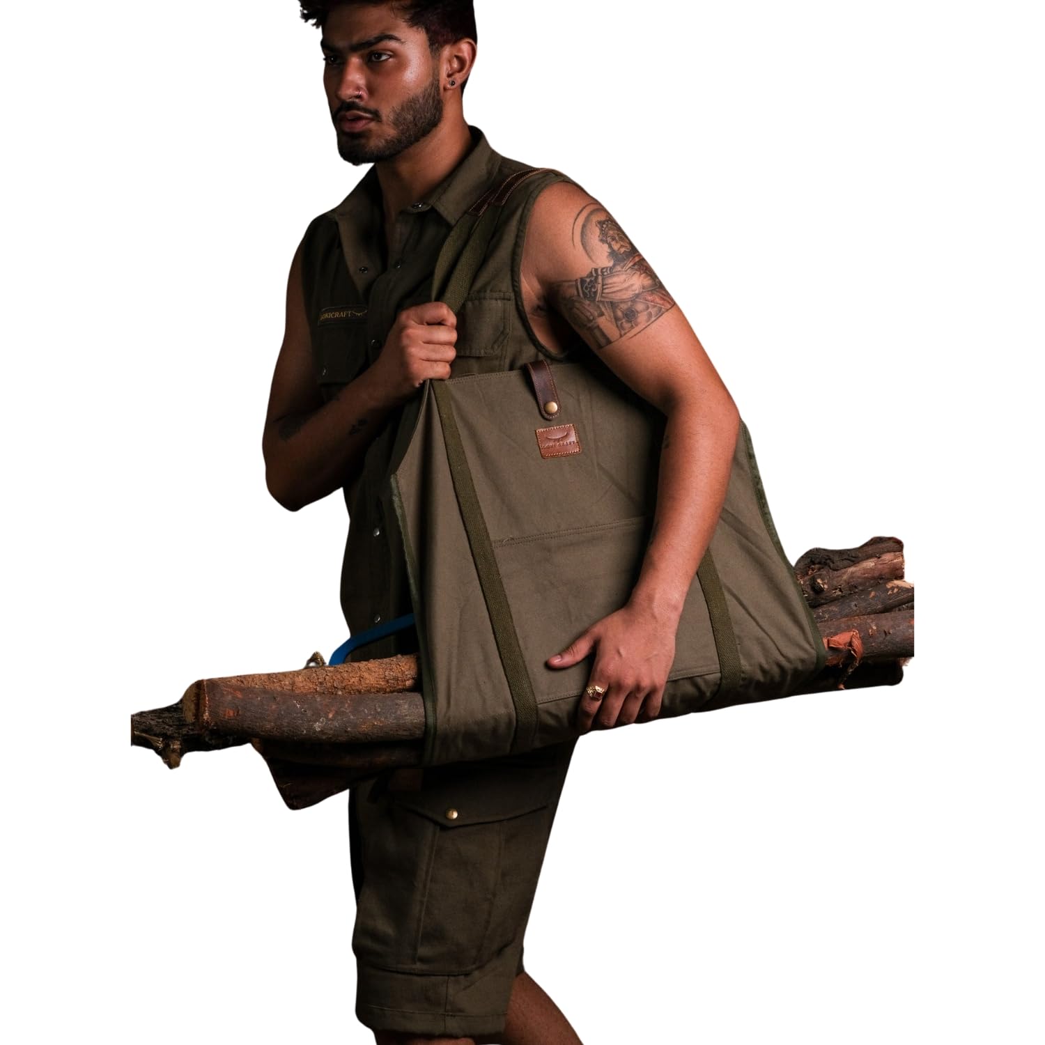 LOKICRAFTE Waxed Canvas Firewood Bag - 38X19 Inches Water Repellent Fireplace Log Carrier & Firewood Holder with Reinforced Webbed Cotton Straps - Lays Flat to Load - Green Storage Bag-image-8