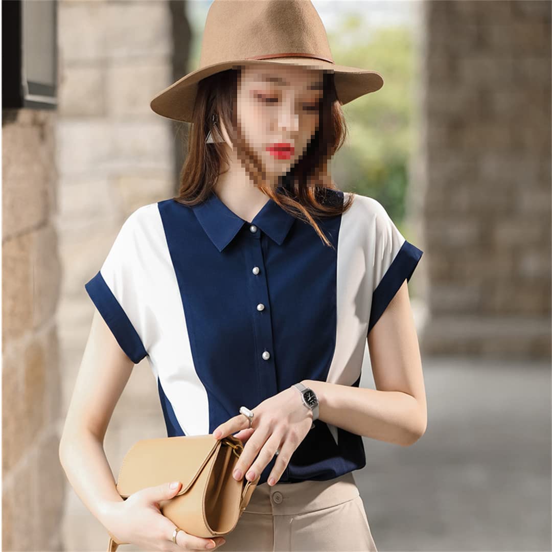 Camisa de Retazos de Manga Corta para Mujer, Blusas de chifón Formales Finas de Verano para Mujer, Tops de Trabajo de Oficina para Mujer