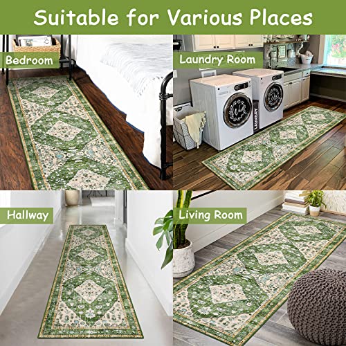 Lahome Boho Tribal Runner Rug - 2X8 Green Kitchen Rug Runner Laundry Room Mat, Bohemian Soft Washable Non Slip Accent Carpet Runner For Apartment Vanity Wet Bar Bathroom Bedside Entryway #TOP4