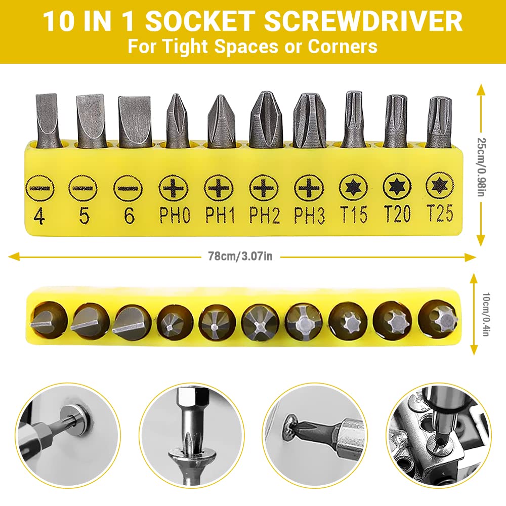 Flexible Drill Bit Extension Set, 105° Right Angle Drill Attachment, 1/4 3/8 1/2" Hex Shank Impact Driver Socket Adapter Rotatable Socket, Bendable Drill Bit Extension and Screwdriver Bit Kit