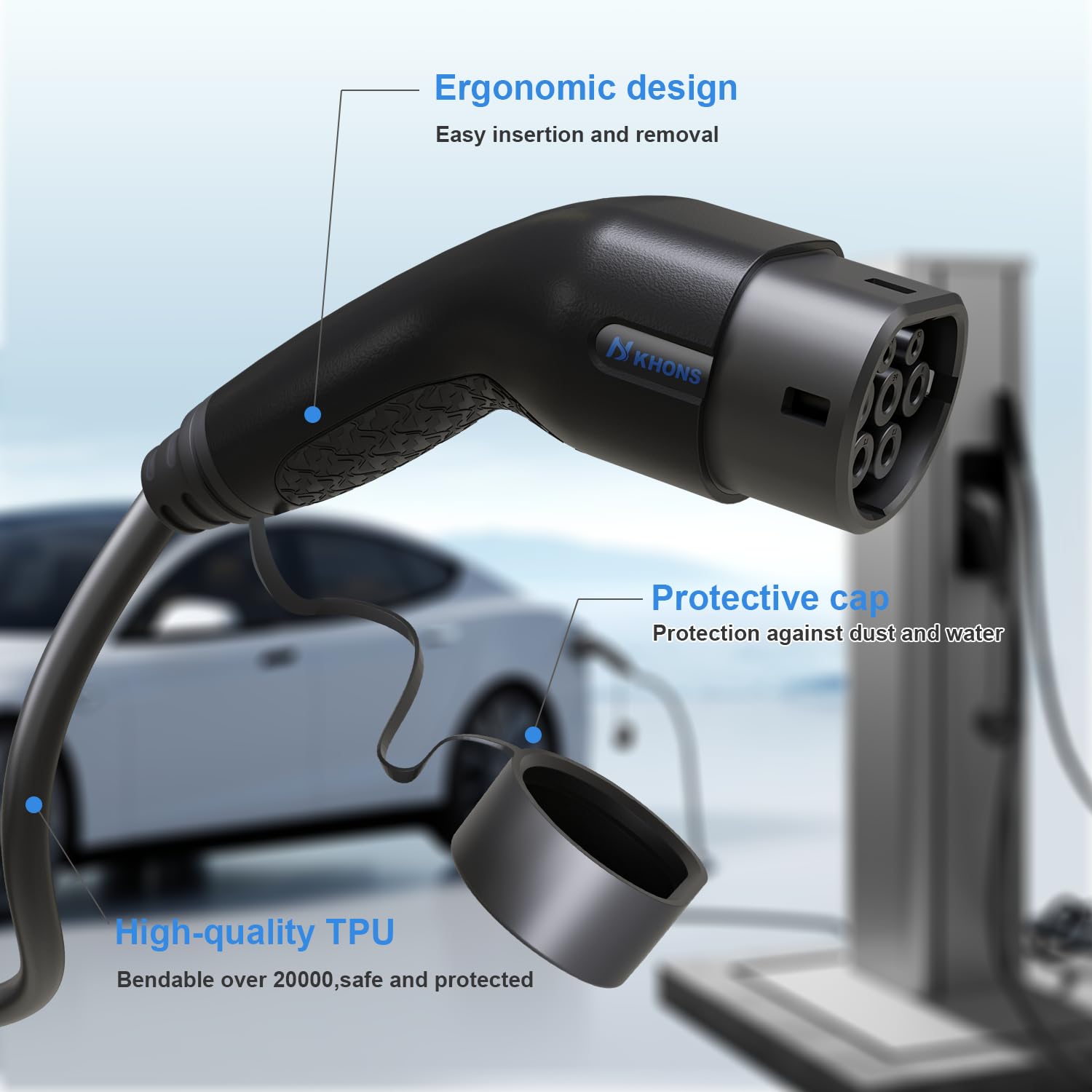EV Cable de Carga Tipo 2 Cable de Vehículo Eléctrico EV 32A 7.4KW Cable de 5m IP65 Impermeable con Bolsa de Transporte para IEC62196 Híbrido de Carga de Coches Eléctricos（Negro）