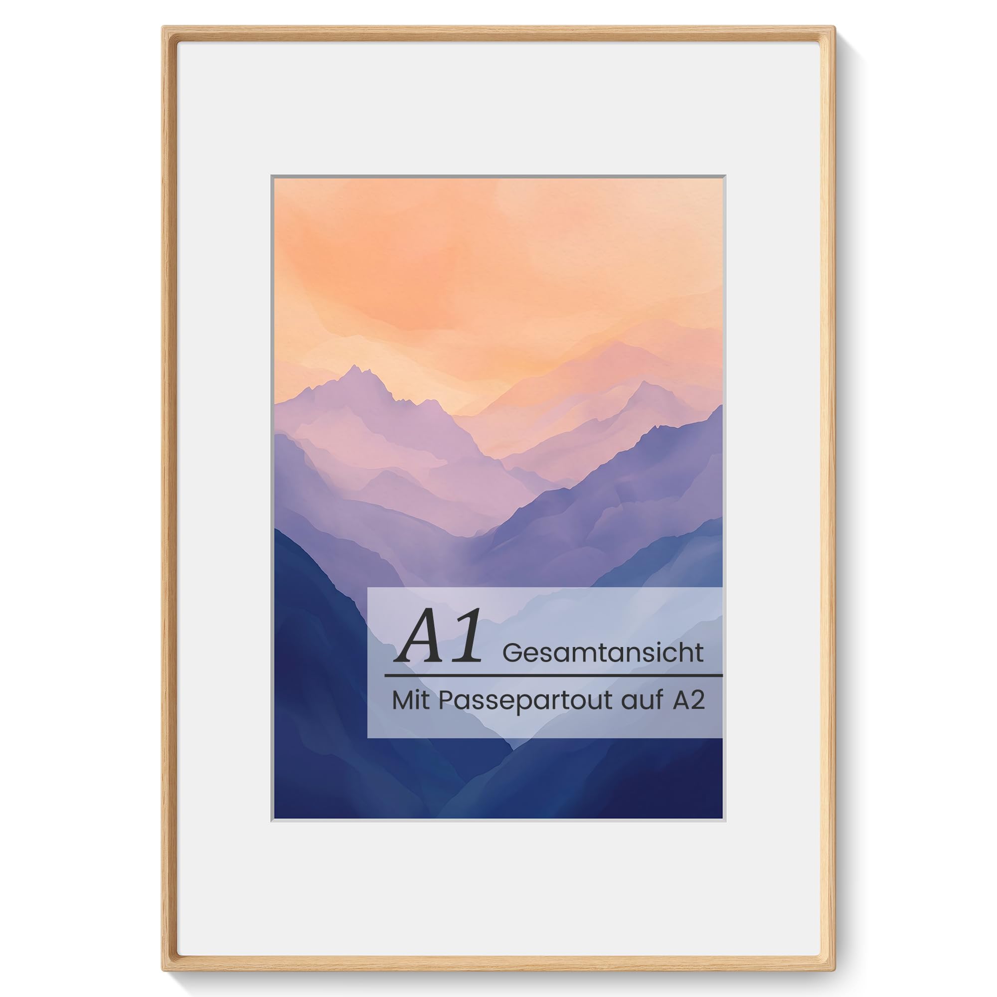 Bilderrahmen A1 (59.4x84cm) aus Massivholz Eiche, Hochtransparentes Temperglas, Handgefertigter Ecken Posterrahmen mit Passepartout für A2 (42x59.4cm), Einzelzapfen, Wandmontag