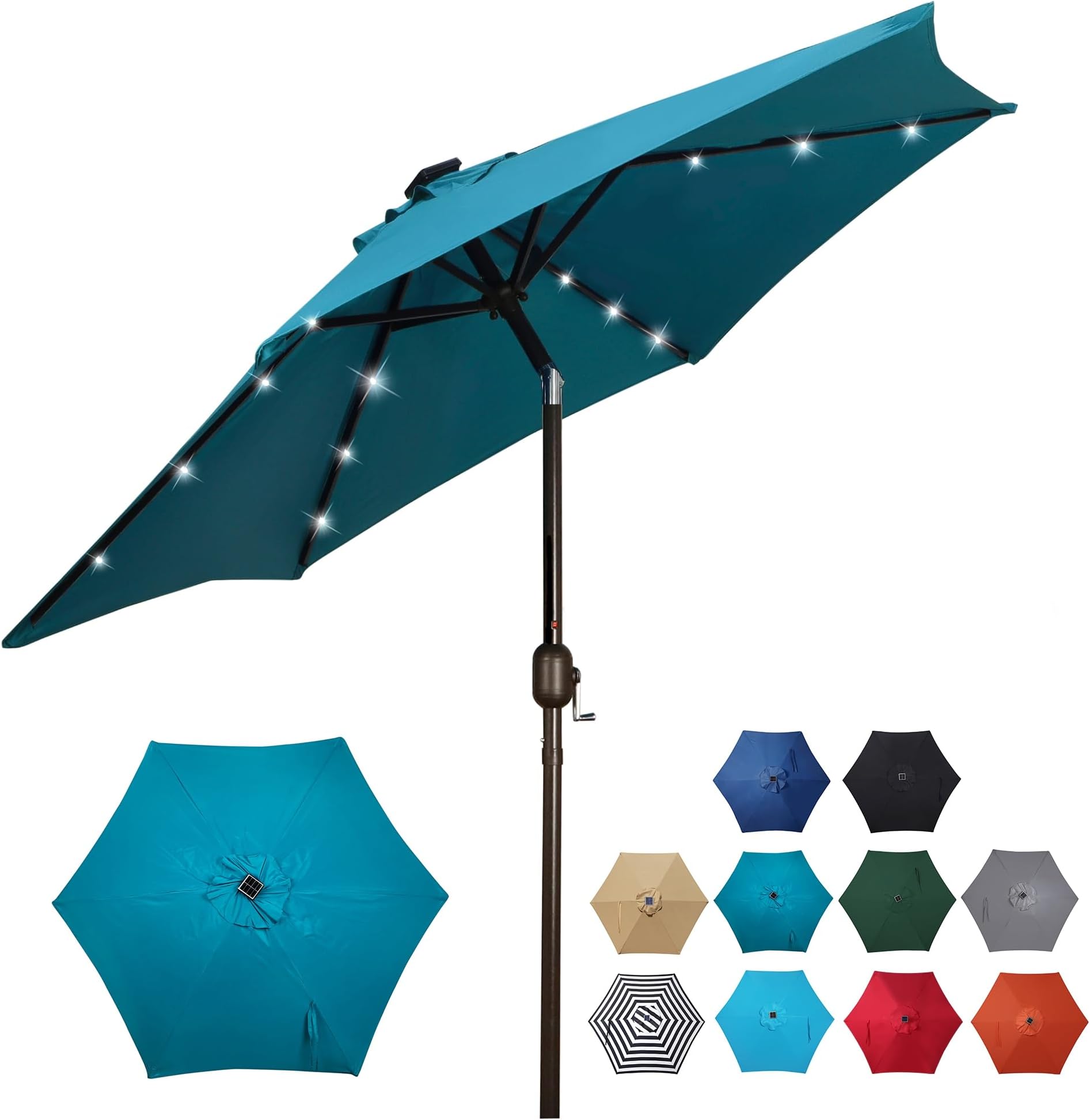 Blissun7.5 ft Solar Umbrella 18 LED Lighted Patio Umbrella Table Market Umbrella with Tilt and Crank Outdoor Umbrella for Garden, Deck, Backyard, Pool and Beach, Cerulean