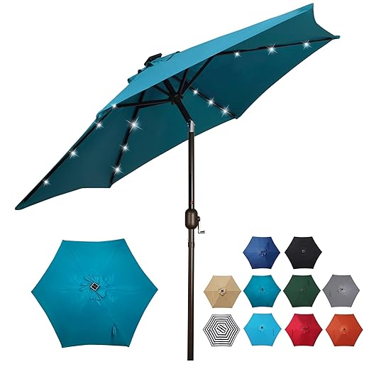 Blissun 7.5 ft Solar Umbrella 18 LED Lighted Patio Umbrella Table Market Umbrella with Tilt and Crank Outdoor Umbrella for Garden, Deck, Backyard, Pool and Beach, Cerulean