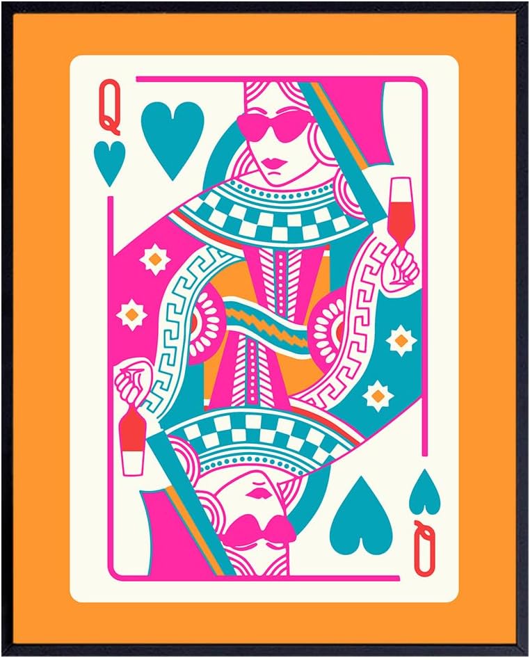 Queen of Hearts Preppy Room Decor - Queen O Hearts Cute Trendy Aesthetic Wall Decor for Women - Funky Blue Pink Orange Bar Print - 70s Retro Chic Home Artwork - Maximalist Bedroom Living room Wall Art