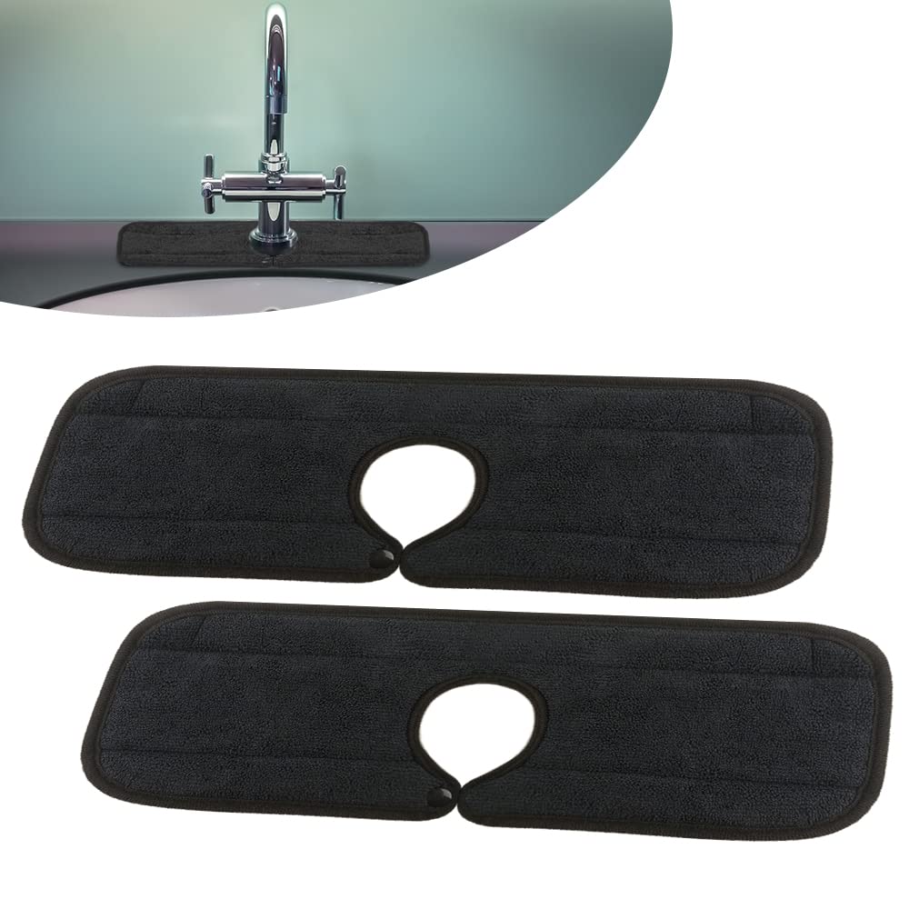 Faucet Absorbent Mat 2 pack Kitchen Microfiber Faucet Splash Pads 19.7in Absorbent Washable Splash Pad Sink Drip Catcher Drying Mat Racks for Countertop, Bathroom, Farmhouse, RV(Black)