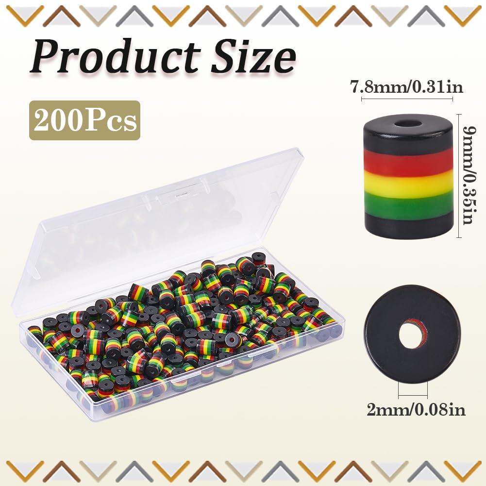 1 scatola da 200 perline rasta a righe da 8 mm, a colonna, opache, africane giamaiche, cilindriche Juneteenth, nero, rosso, verde, giallo, colorate, distanziatori, perline sfuse per la