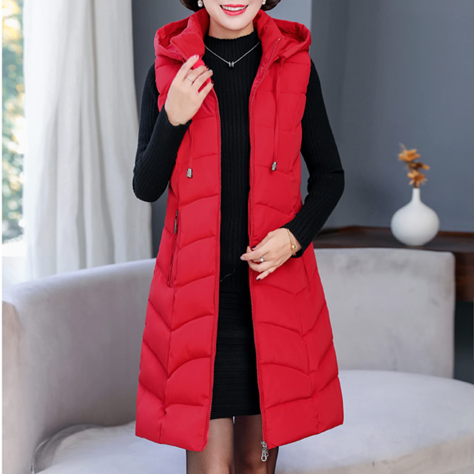 Veste Hiver Zip Capuche sans Manches, Gilet Long Poche décontracté