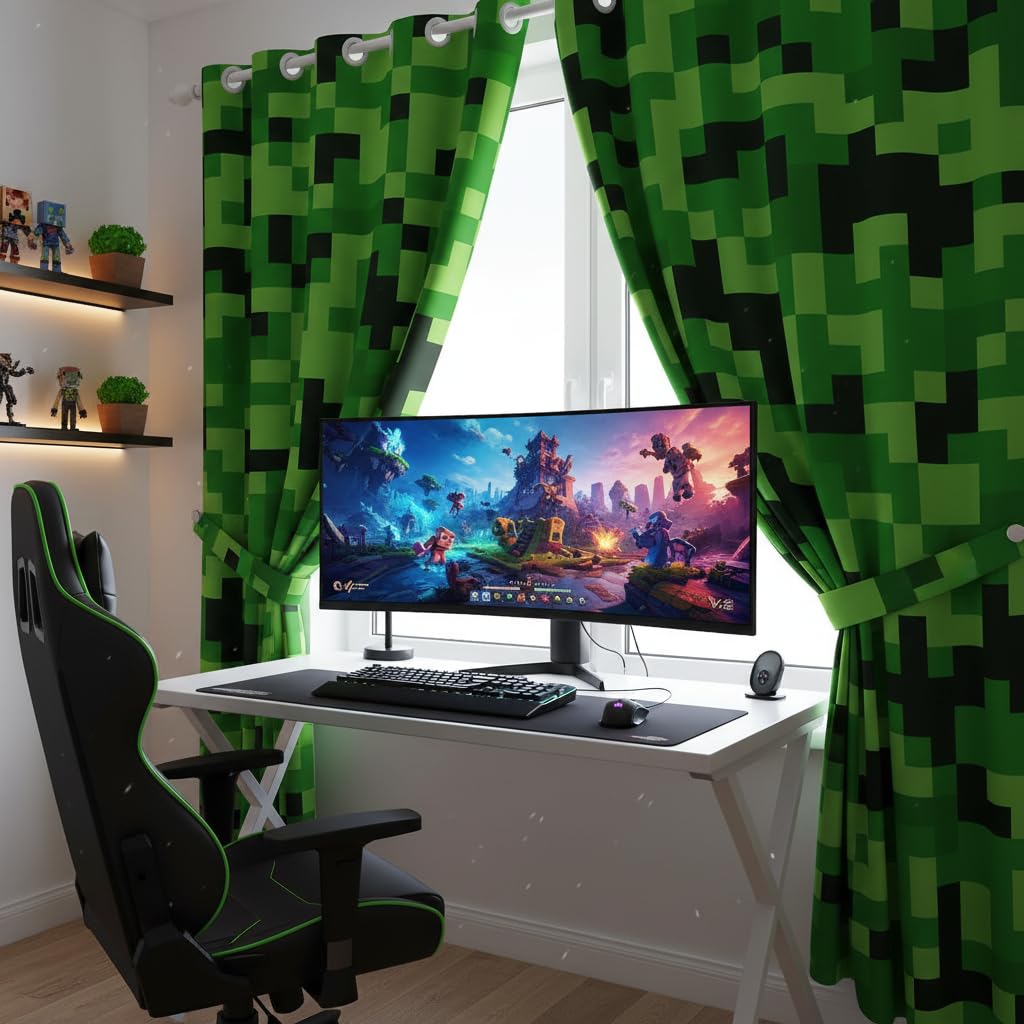 Grüne verpixelte Minenarbeiter-Vorhänge, Videospiele, Fenstervorhang, Kinder-, Jungen-, Mädchen-, Jugendzimmer-Dekor, Cartoon-Gamepad-Fensterbehandlungsvorhang, modern, geometrisch, kariert