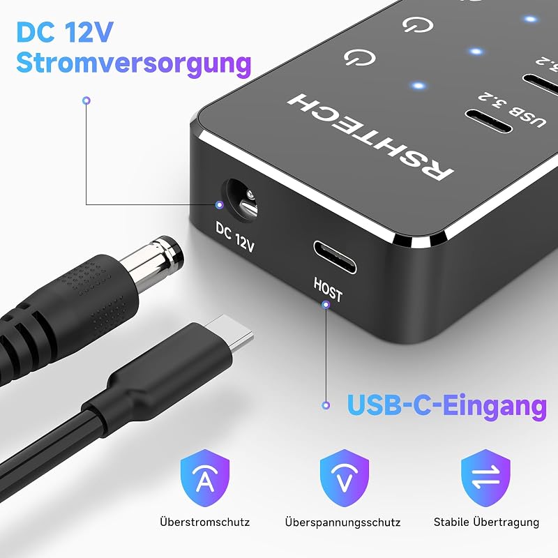 RSHTECH USB 3.2 Hub 10 portos aktív elosztó 3x10Gbps + 7x5Gbps tápegységgel
