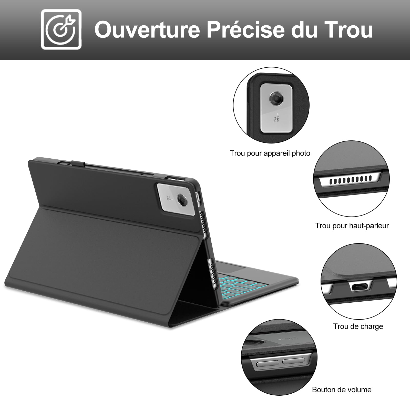 Coque Clavier pour Lenovo Idea Tab Plus 12.1 Pouces avec Pavé Tactile, AZERTY Français Housse Clavier Bluetooth Détachable 7 Couleurs Rétroéclairées pour Tablette Lenovo Idea Tab Plus 12.1" 2025, Noir