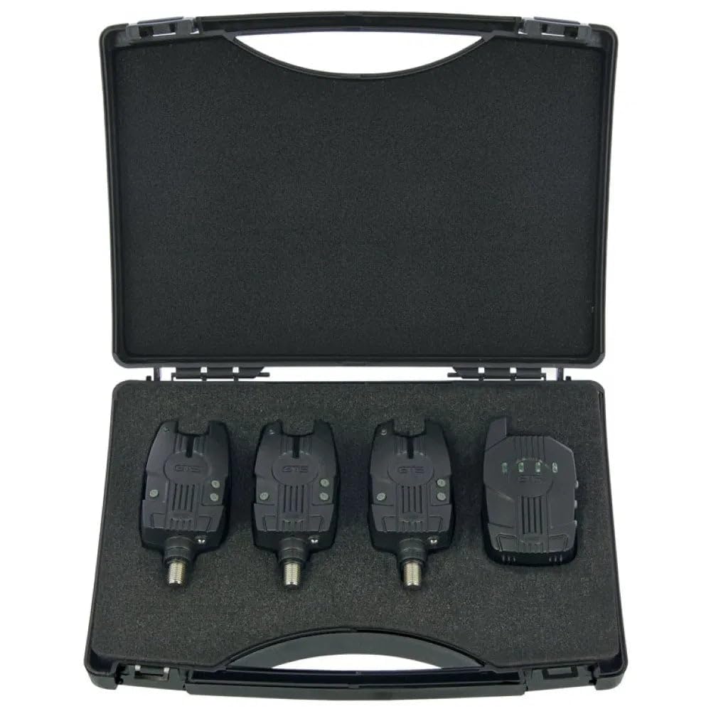 NGT GTS Pro Lot de 3 détecteurs de touche sans fil avec récepteur – Sensibilité, volume et tonalité réglables – Indicateurs LED, fonction mémoire, construction étanche – Matériel de pêche à la carpe