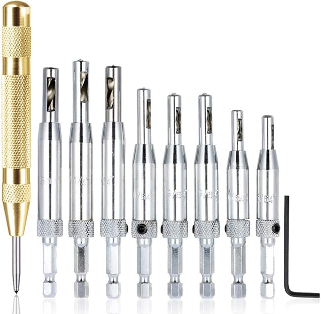 AFUNTA 8 pcs Center Drill Bit Sets with Automatic Center Punch, Self Centering Hinge Tapper Core Hole Puncher Woodworking Tools for Cabinet Door 5/64'' 7/64'' 9/64'' 11/64'' 13/64'' 5mm 1/4''