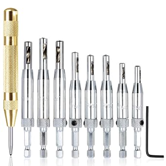 AFUNTA 8 pcs Center Drill Bit Sets with Automatic Center Punch, Self Centering Hinge Tapper Core Hole Puncher Woodworking Tools for Cabinet Door 5/64 7/64 9/64 11/64 13/64 5mm 1/4