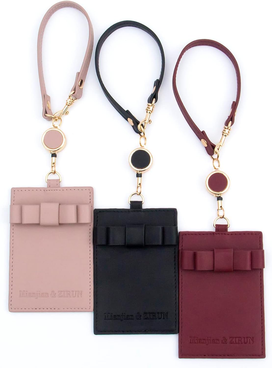 [Mianjian & ZIRUN] リール付きパスケース リール付きカードケース 縦 伸縮タイプ PU革 両面ポケット 定期入れ ストラップ付き リボン付き 通勤 通学(Pink)