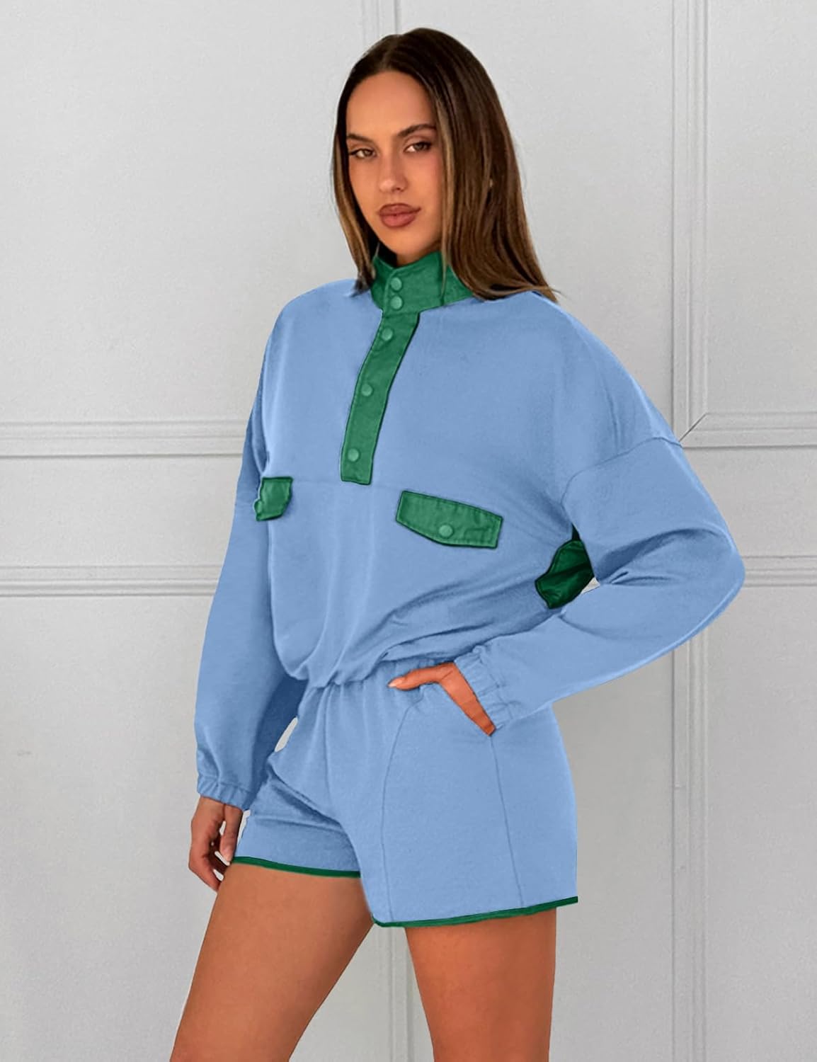 UNIANKIYA Womens Two Piece Matching Sets Long Sleeve Top Short Set with Pockets Casual Workout Lounge Travel Vacation Outfits - Image 2