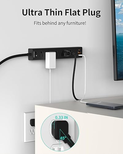 Miniatura 2 de HOPOW Regleta de alimentación de enchufe plano, cable de extensión plano ultrafino de 6 pies, protector de sobretensiones con 5 tomas de corriente y